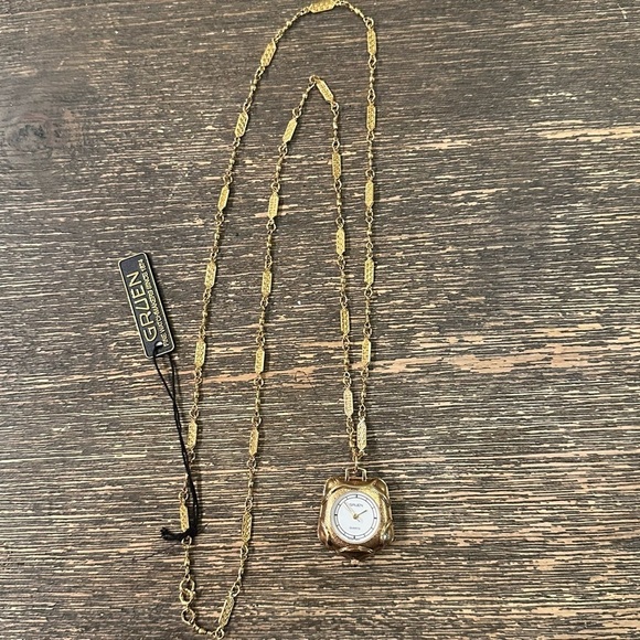 Vtg GRUEN Gold Tone Quartz Analog Clock Women's Pendant Watch Necklace Untested - Picture 11 of 11